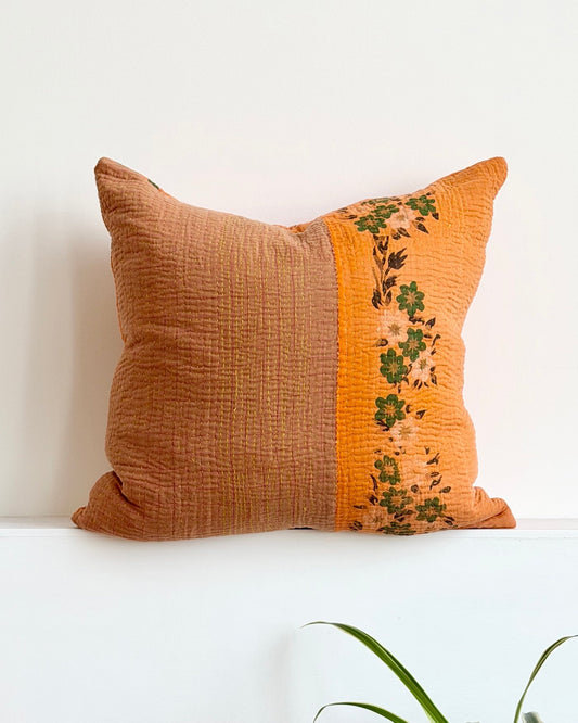 Vintage Kantha Cushion In Orange and Brown Floral 01 - 50cm Square - Biggs & Hill