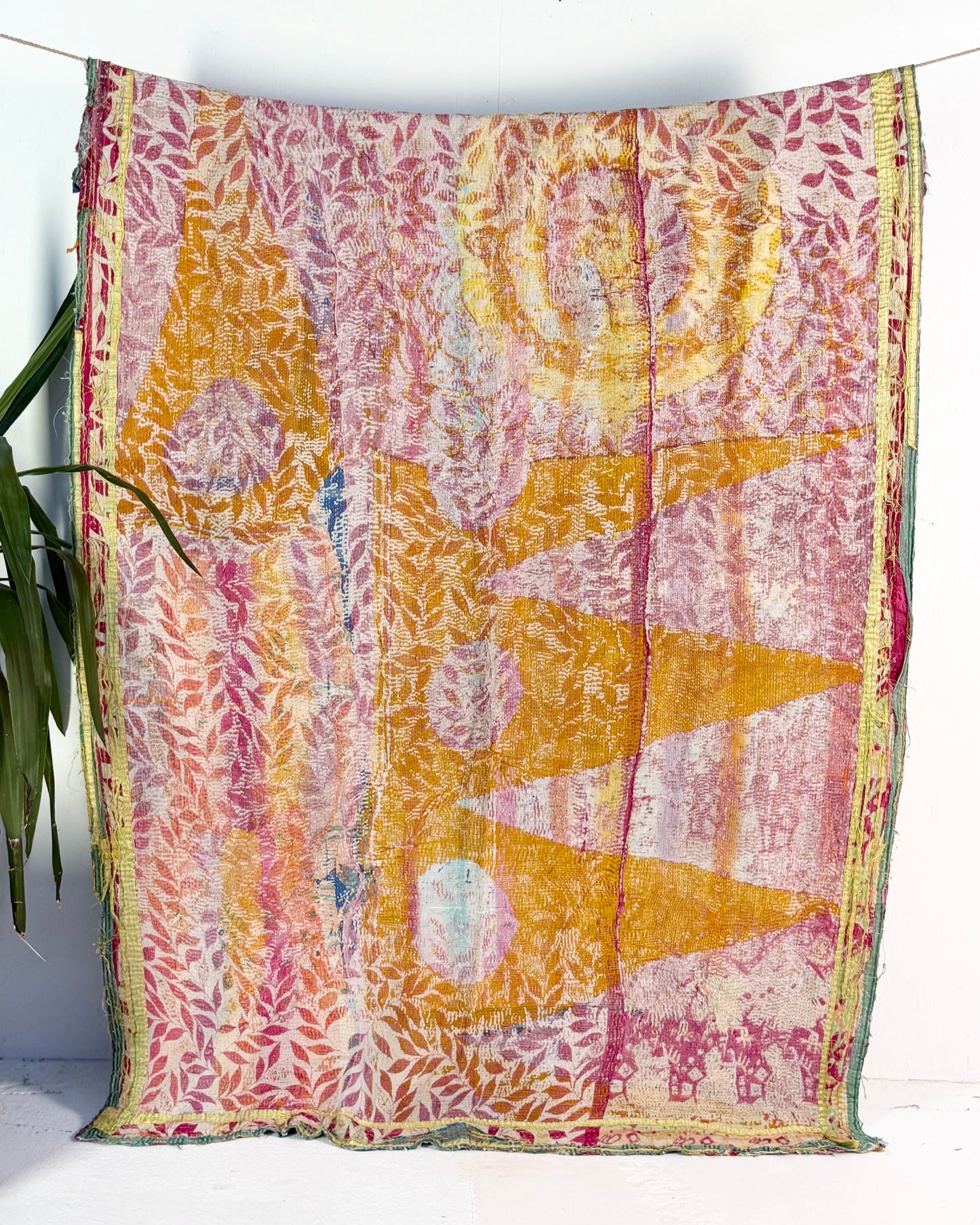 Textured Vintage Kantha Quilt In Pink and Yellow