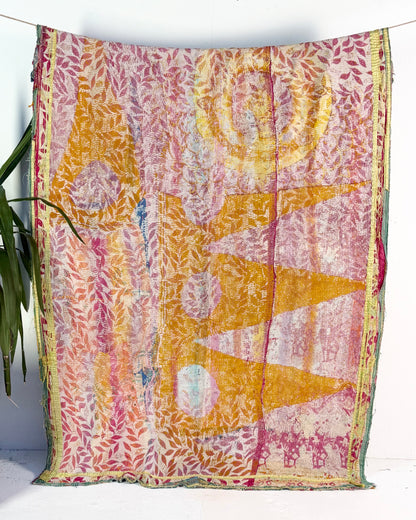 Textured Vintage Kantha Quilt In Pink and Yellow