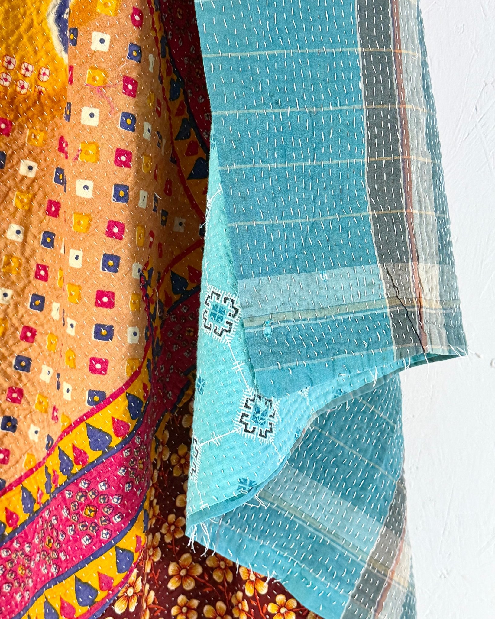 Large Fine Stitched Vintage Kantha Quilt in Pink, Turquoise and Yellow - Biggs & Hill