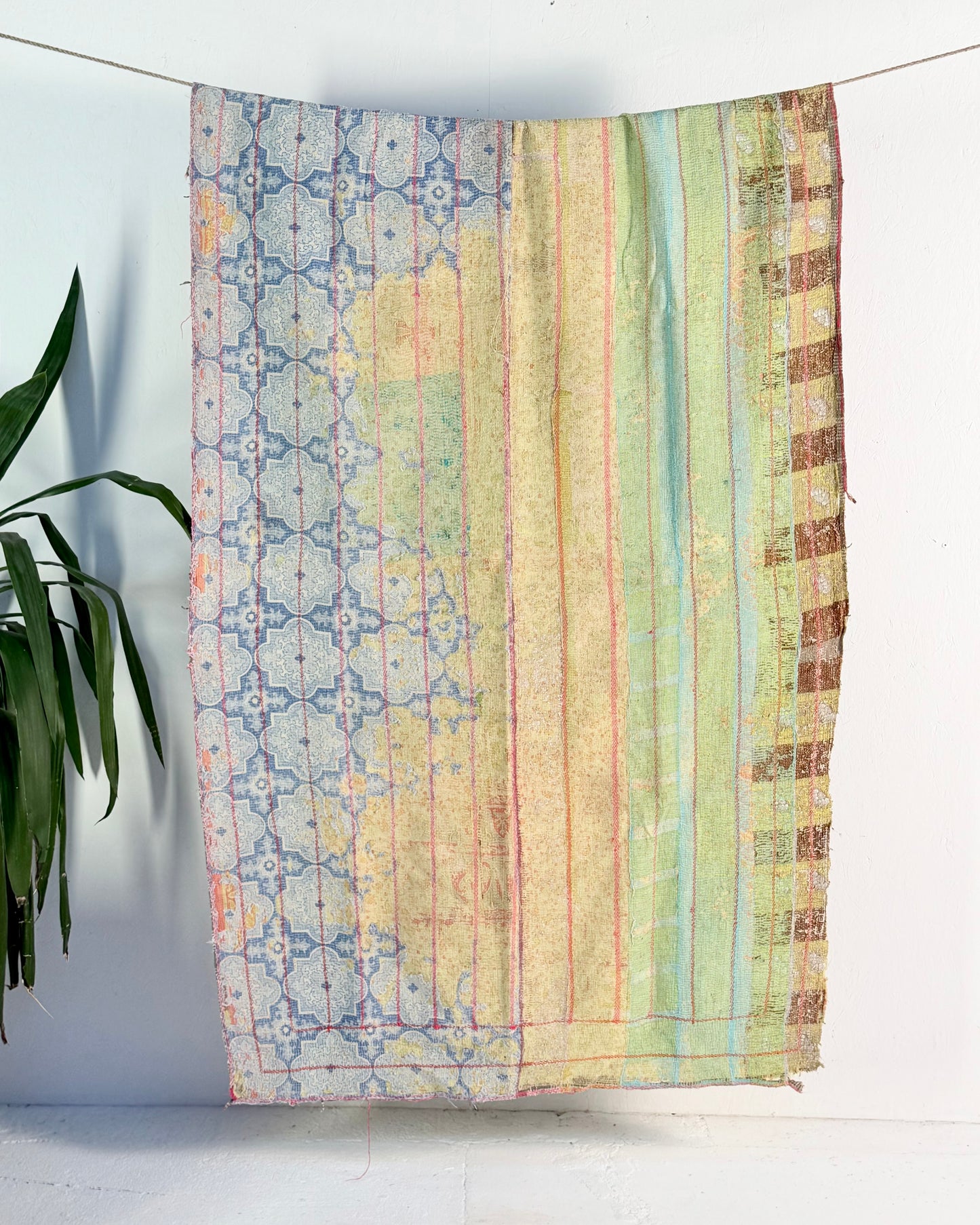 Project Kantha Quilt: Blue, Yellow and Green With Authentic Aged Texture