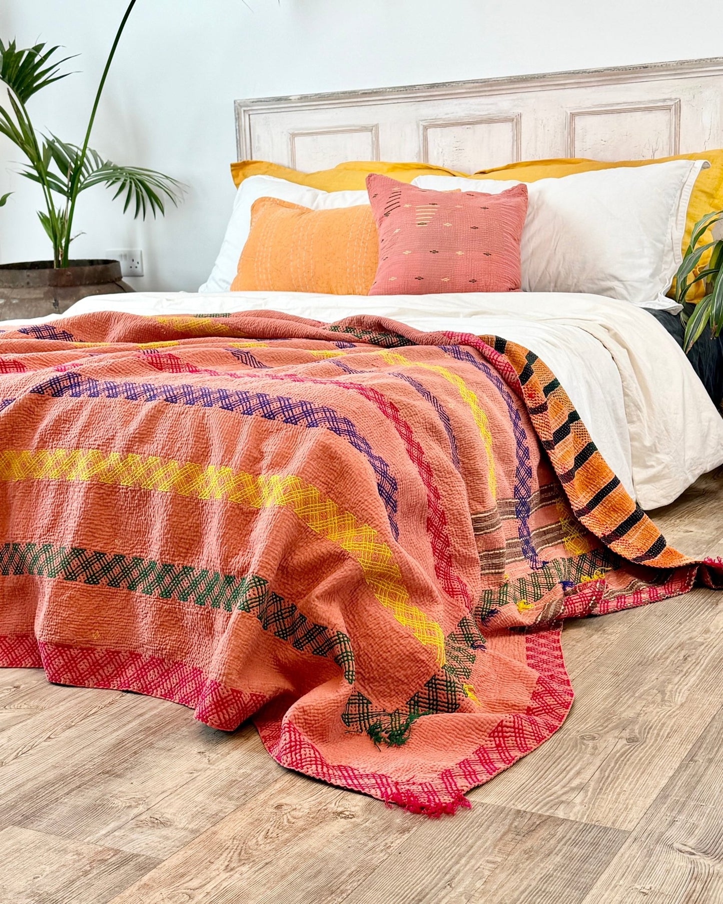 Large Embroidered Vintage Kantha Quilt in Pink and Orange - Biggs & Hill