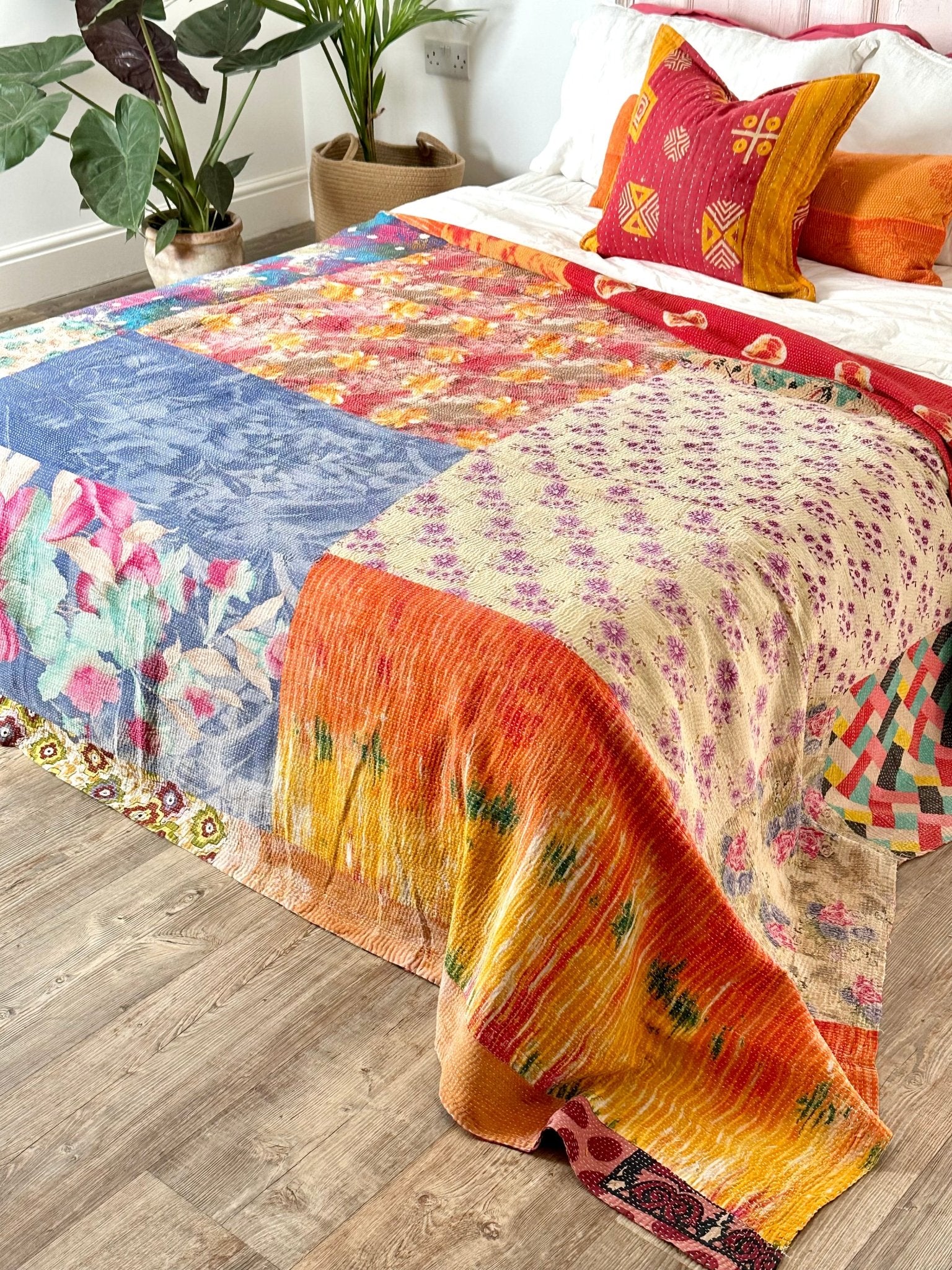 Fine Stitched Embroidered Vintage Kantha Quilt in Multicolour Print - Biggs & Hill