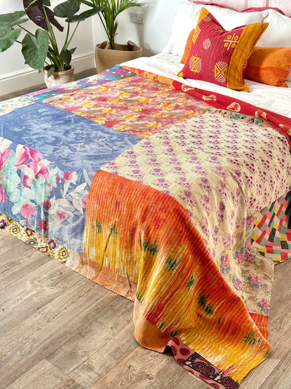 Fine Stitched Embroidered Vintage Kantha Quilt in Multicolour Print - Biggs & Hill