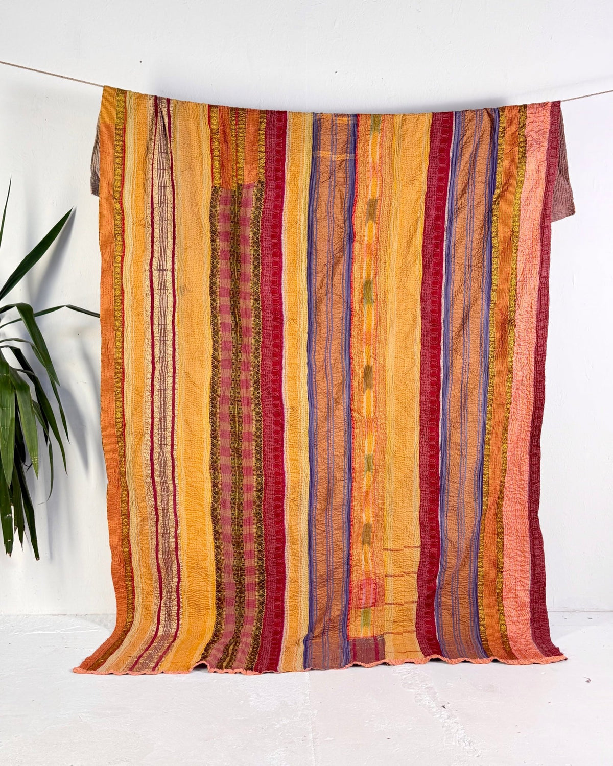 Extra Large Fine Stitched Vintage Kantha Quilt in Yellow and Pink Stripes - Biggs & Hill