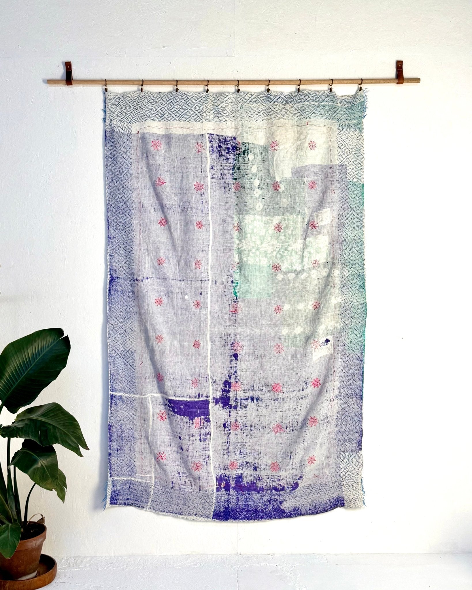 Star Embroidered Vintage Kantha Quilt in White and Pink - Biggs & Hill