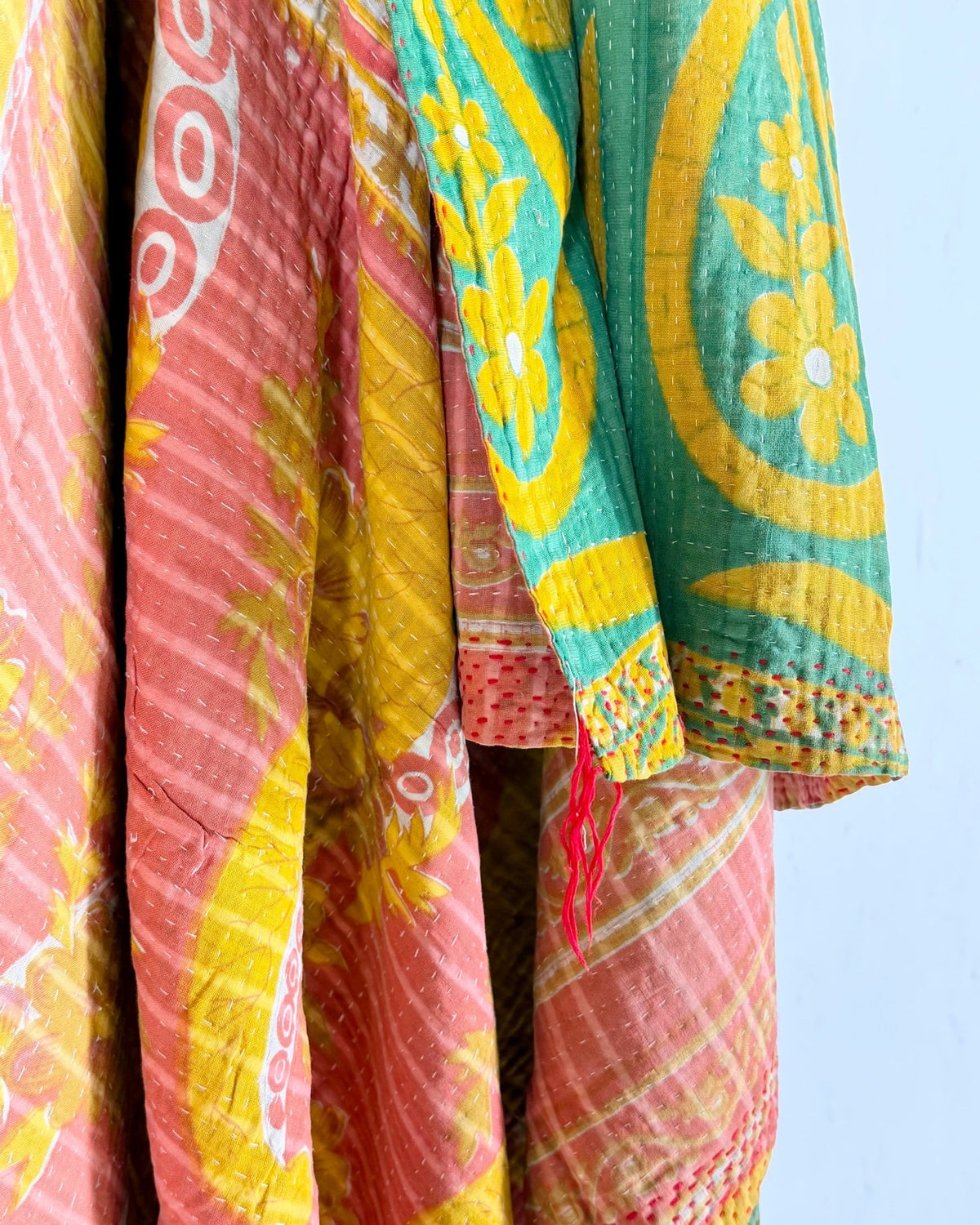 Extra Large Fine Stitched Vintage Kantha Quilt in Pink, Yellow and Green - Biggs & Hill