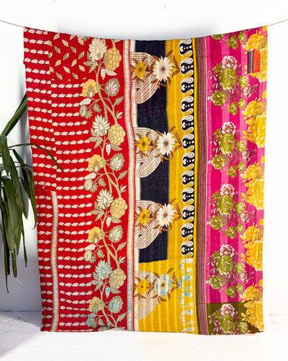 Large Fine Stitched Vintage Kantha Quilt in Pink, Red and Yellow