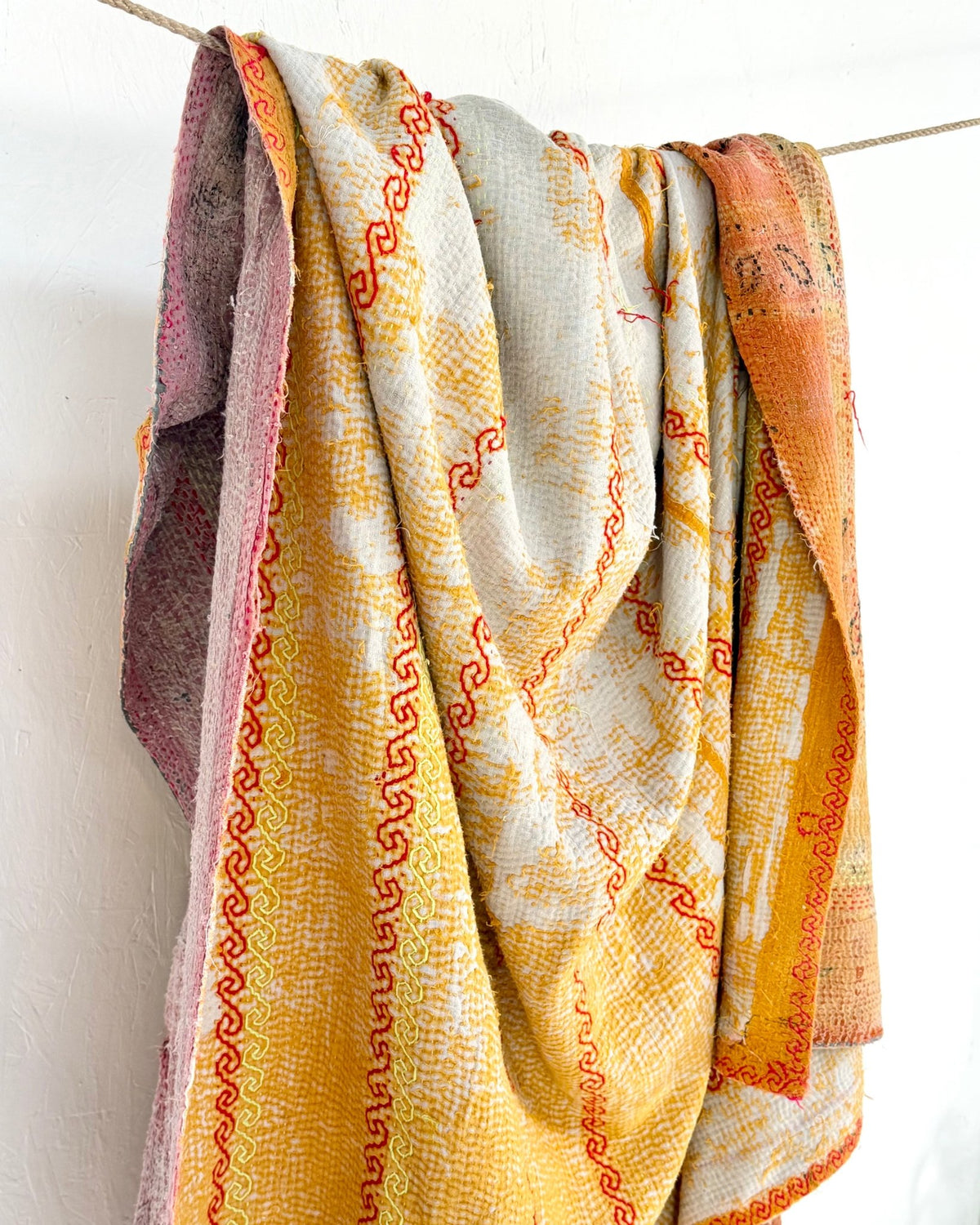 Embroidered Vintage Kantha Quilt in Yellow and Pink - Biggs & Hill