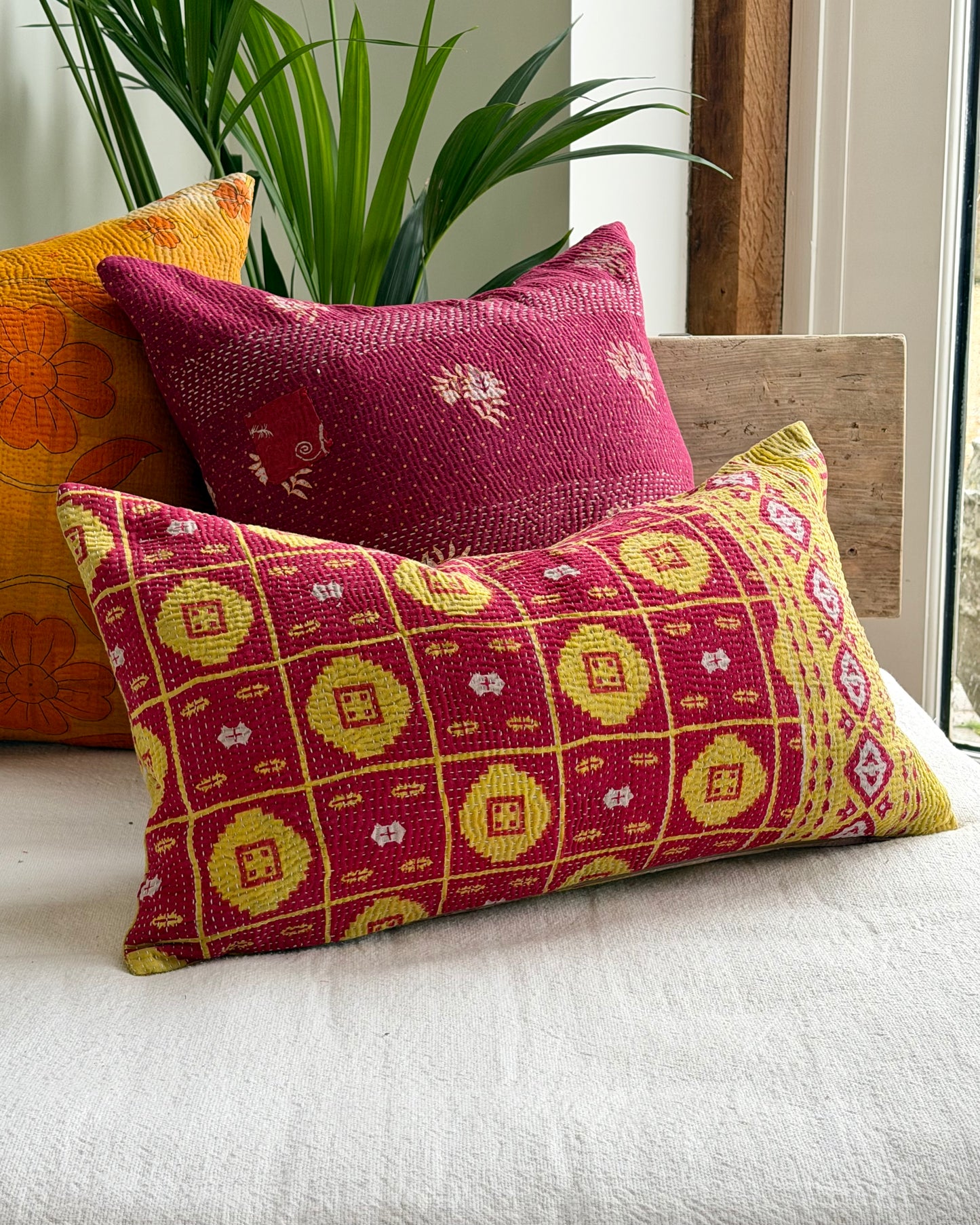 Vintage Kantha Cushion In Lime Green and Pink - Small Rectangular