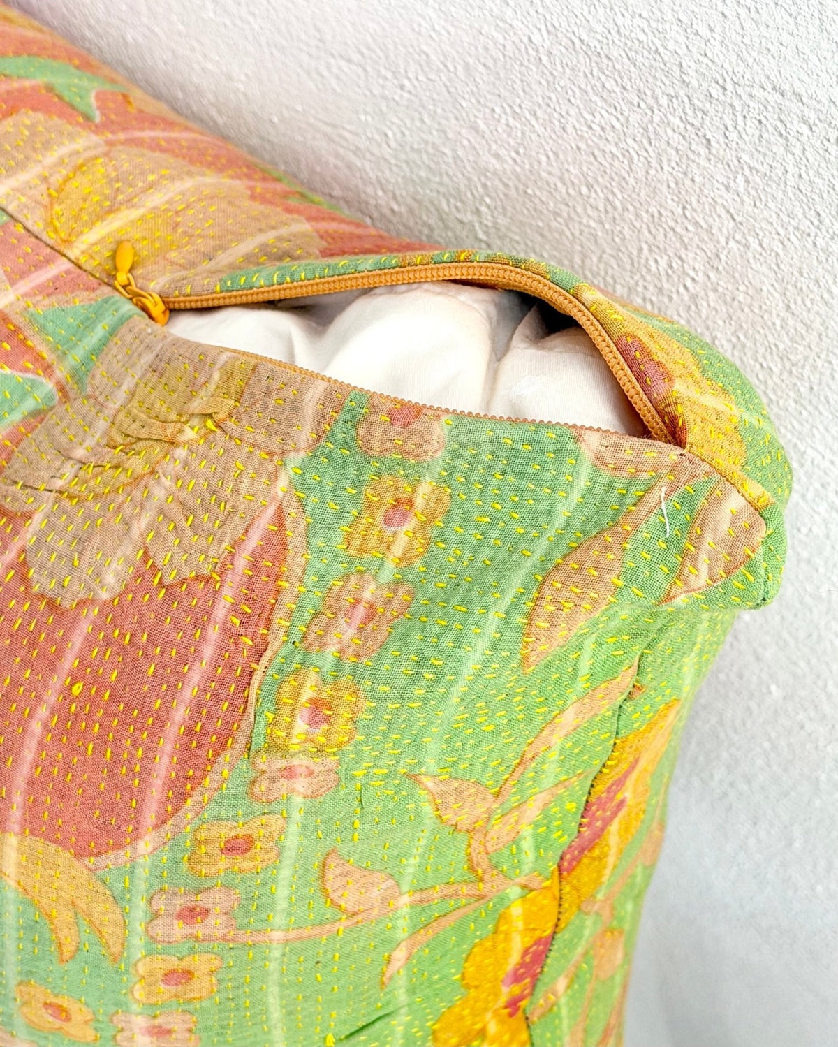 Handmade Reversible Vintage Kantha Cushion Cover In Green and Yellow - 45cm (18") - Biggs & Hill