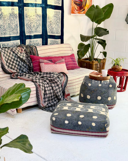 Vintage Kantha Cushion Cover In Pink and Purple - Small Rectangular