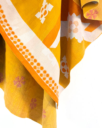 Extra Large Fine Stitched Vintage Kantha Quilt in Geometric Yellow and Orange