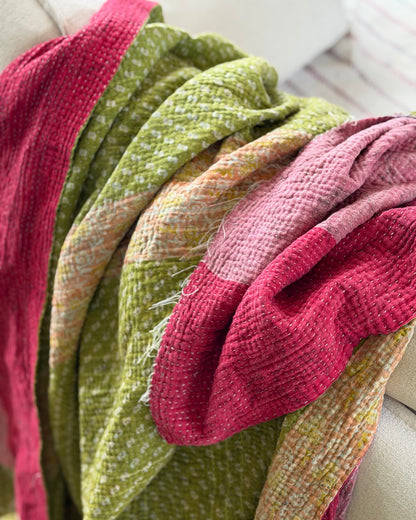 Extra Large Fine Stitched Vintage Kantha Quilt in Pink Stripes and Green