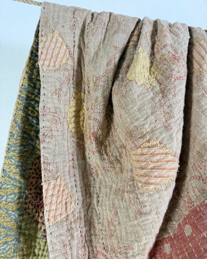 Large Fine Stitched Vintage Kantha Quilt in Soft Green and Brown - FIRST picture - Biggs & Hill