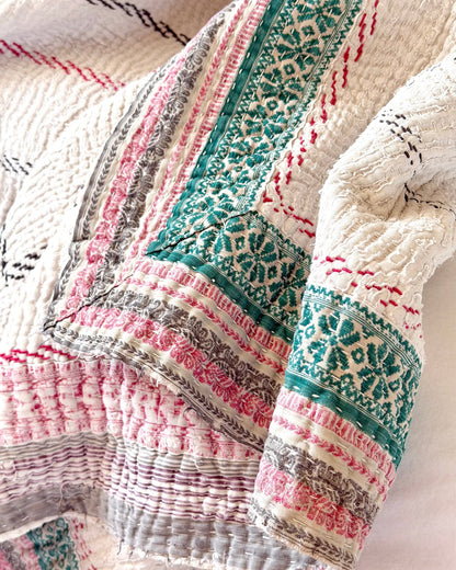 Heavy Fine Stitched Embroidered Vintage Kantha Quilt in White and Pink - Biggs & Hill