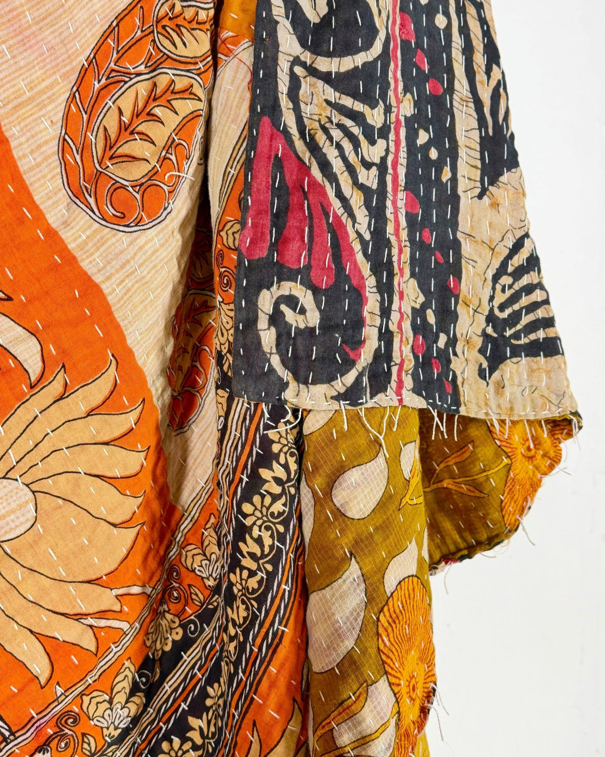 Vintage Cotton Kantha Quilt In Orange and Black Floral 14 - Biggs & Hill