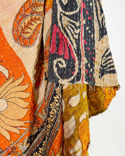 Vintage Cotton Kantha Quilt In Orange and Black Floral 14 - Biggs & Hill