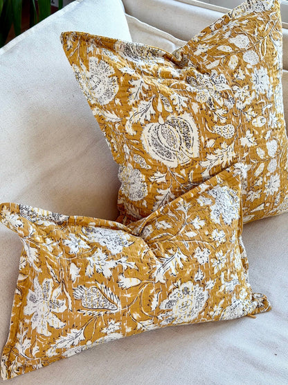 Mustard Yellow Floral Cushion, Block Printed and Hand Stitched Kantha Cotton - Biggs & Hill