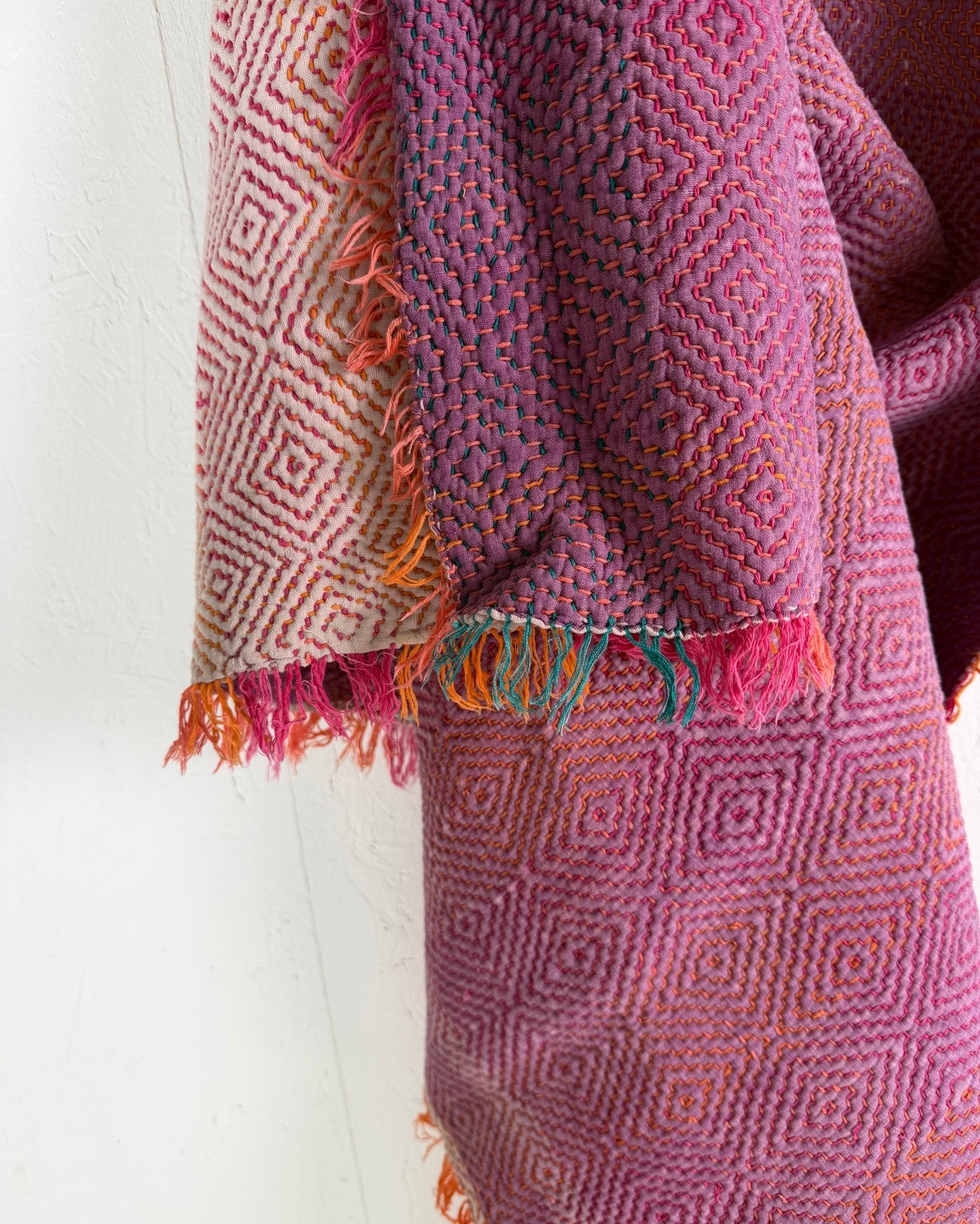 Large Heavy Kantha Blanket Quilt With Lik Phul Stitching In Pink and Orange - Biggs & Hill