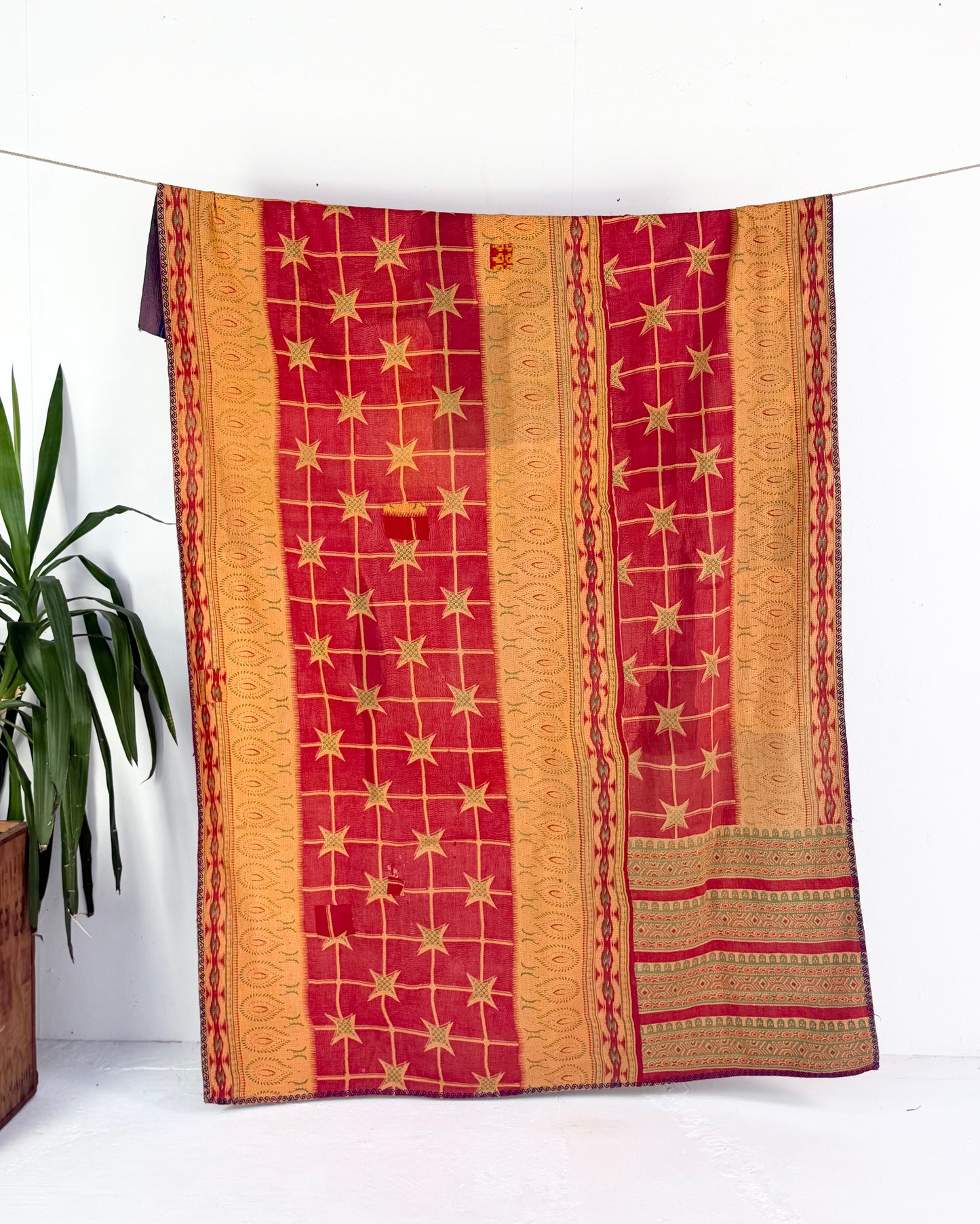 Extra Large Fine Stitched Vintage Kantha Quilt in Mustard Yellow, Red and Blue