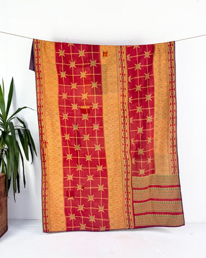 Extra Large Fine Stitched Vintage Kantha Quilt in Mustard Yellow, Red and Blue