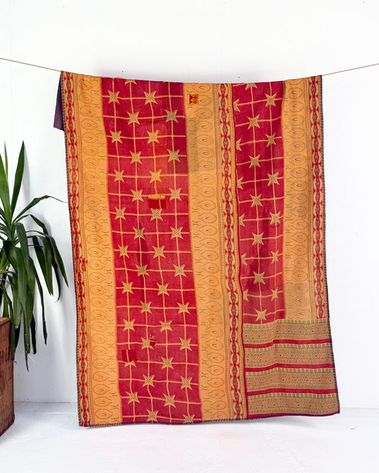 Extra Large Fine Stitched Vintage Kantha Quilt in Mustard Yellow, Red and Blue - Biggs & Hill