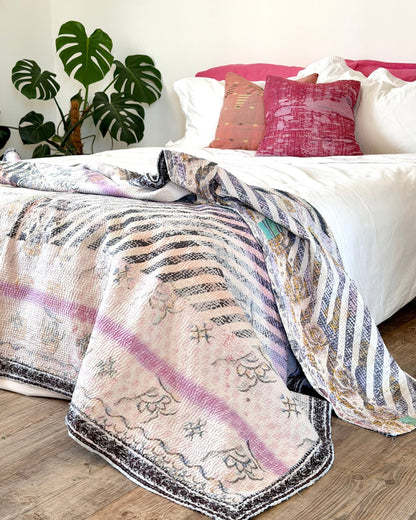 Textured Vintage Kantha Quilt in Pastel Floral with Grey Stripes - Biggs & Hill