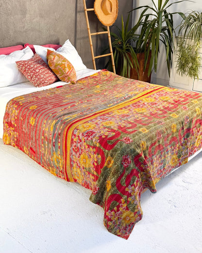 Extra Large Fine Stitched Vintage Kantha Quilt in Red and Yellow - Biggs & Hill