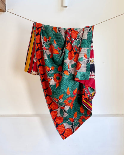 Extra Large Fine Stitched Vintage Kantha Quilt in Red, Navy and Green - Biggs & Hill