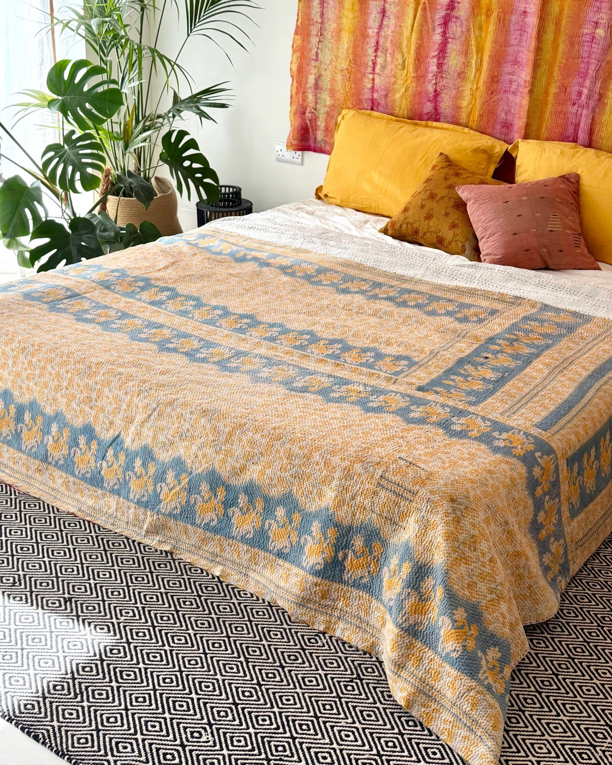 Large Textured Vintage Kantha Quilt in Geometric Pink and yellow - Biggs & Hill