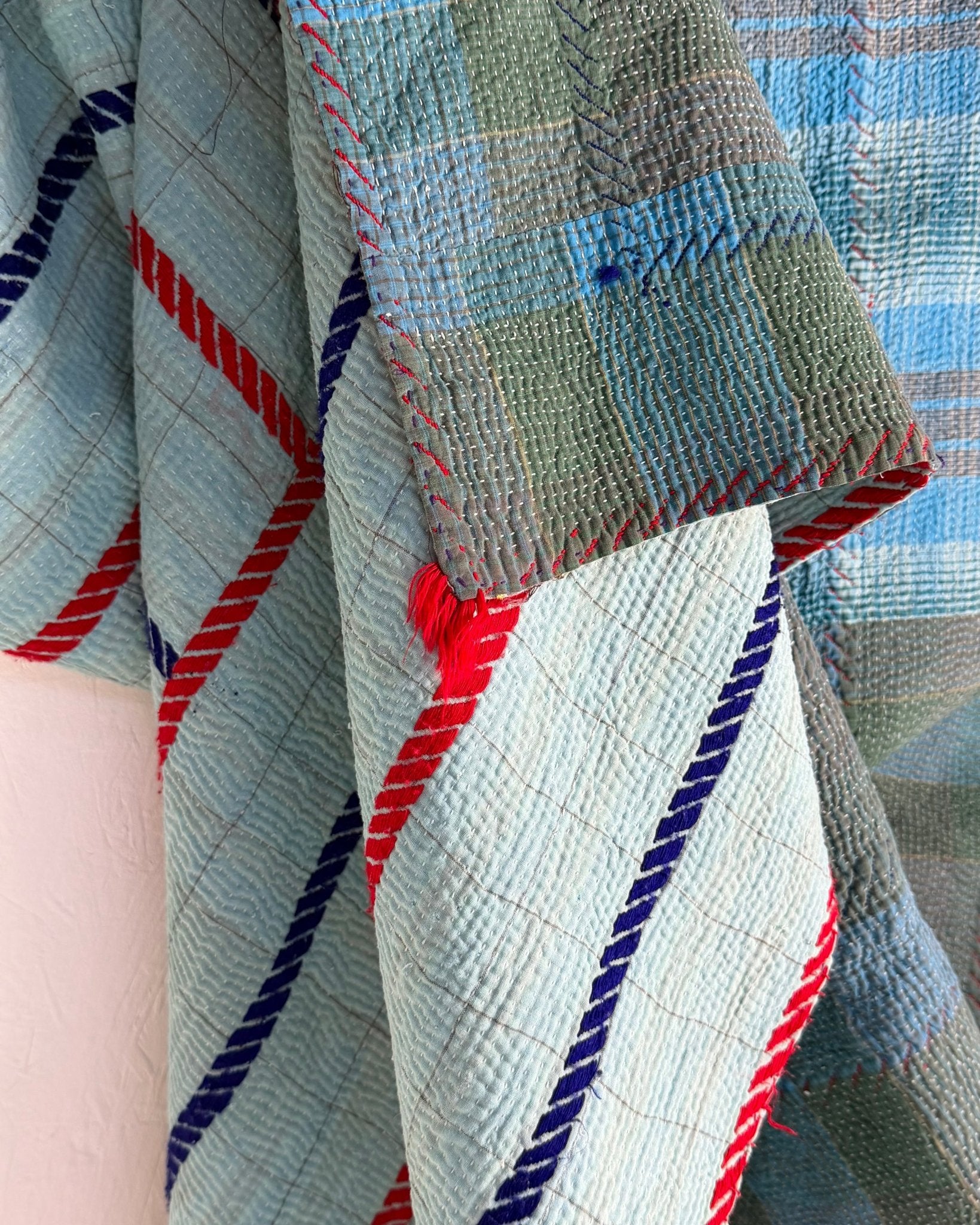 Large Fine Stitched Embroidered Vintage Kantha Quilt in Bahama Blue - Biggs & Hill