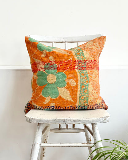 Vintage Kantha Cushion In Floral Orange- 45cm Square