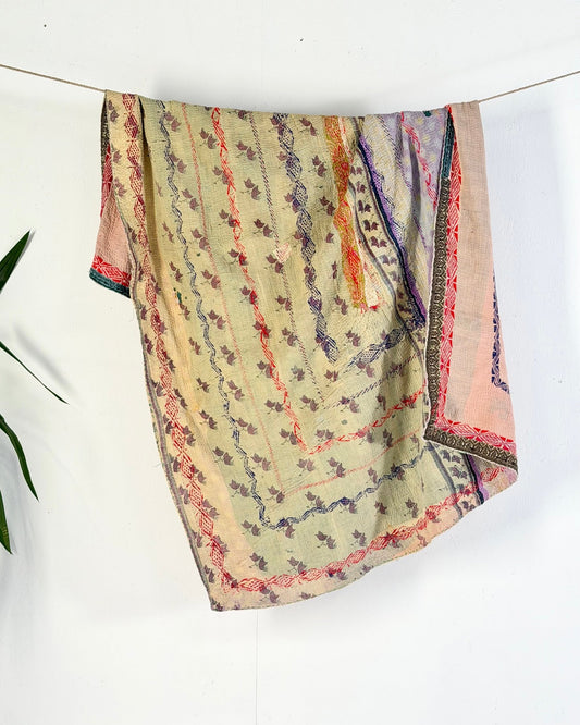 Embroidered Vintage Kantha Quilt in Yellow, Pink and Lilac - Biggs & Hill