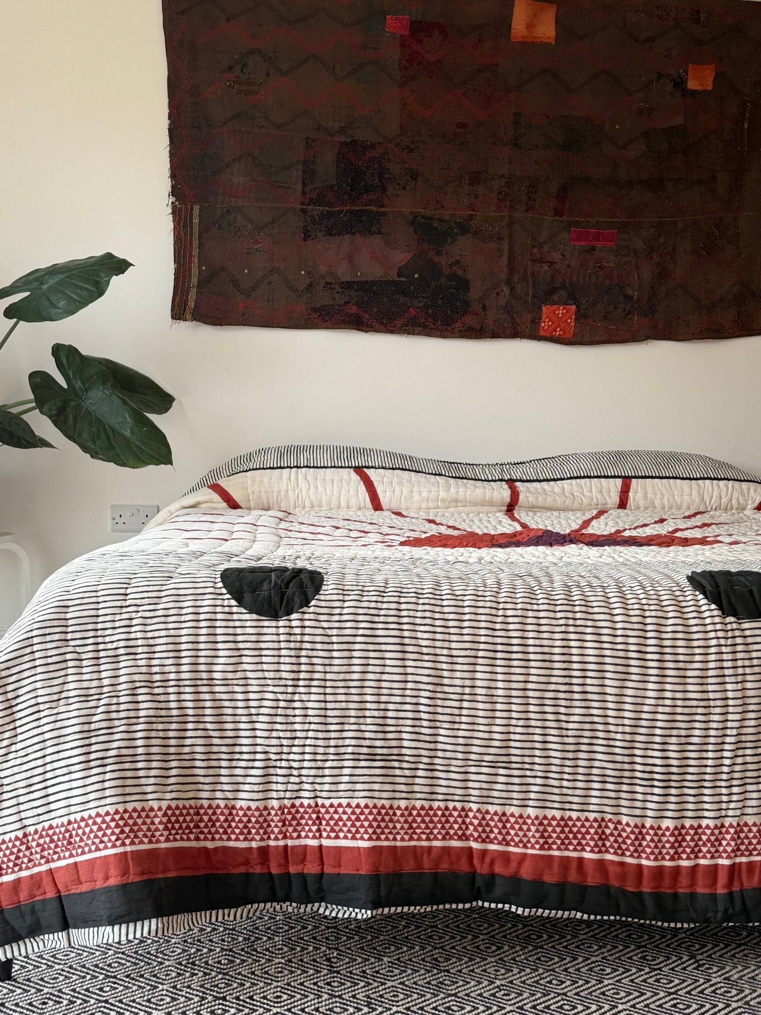 Quilted Kantha With Sun Pattern In Black, White and Red - KING - Biggs & Hill