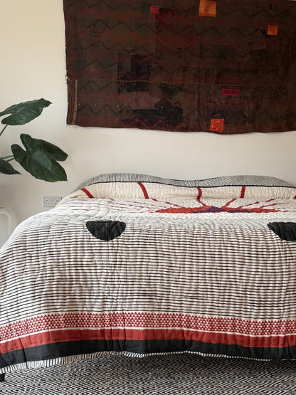 Quilted Kantha With Sun Pattern In Black, White and Red - KING - Biggs & Hill