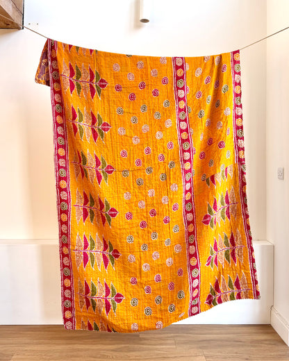 Vintage Cotton Kantha Quilt In Yellow And Lilac #35