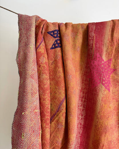 Project Kantha Quilt: Orange and Green With Cross Stitch Stars - Biggs & Hill