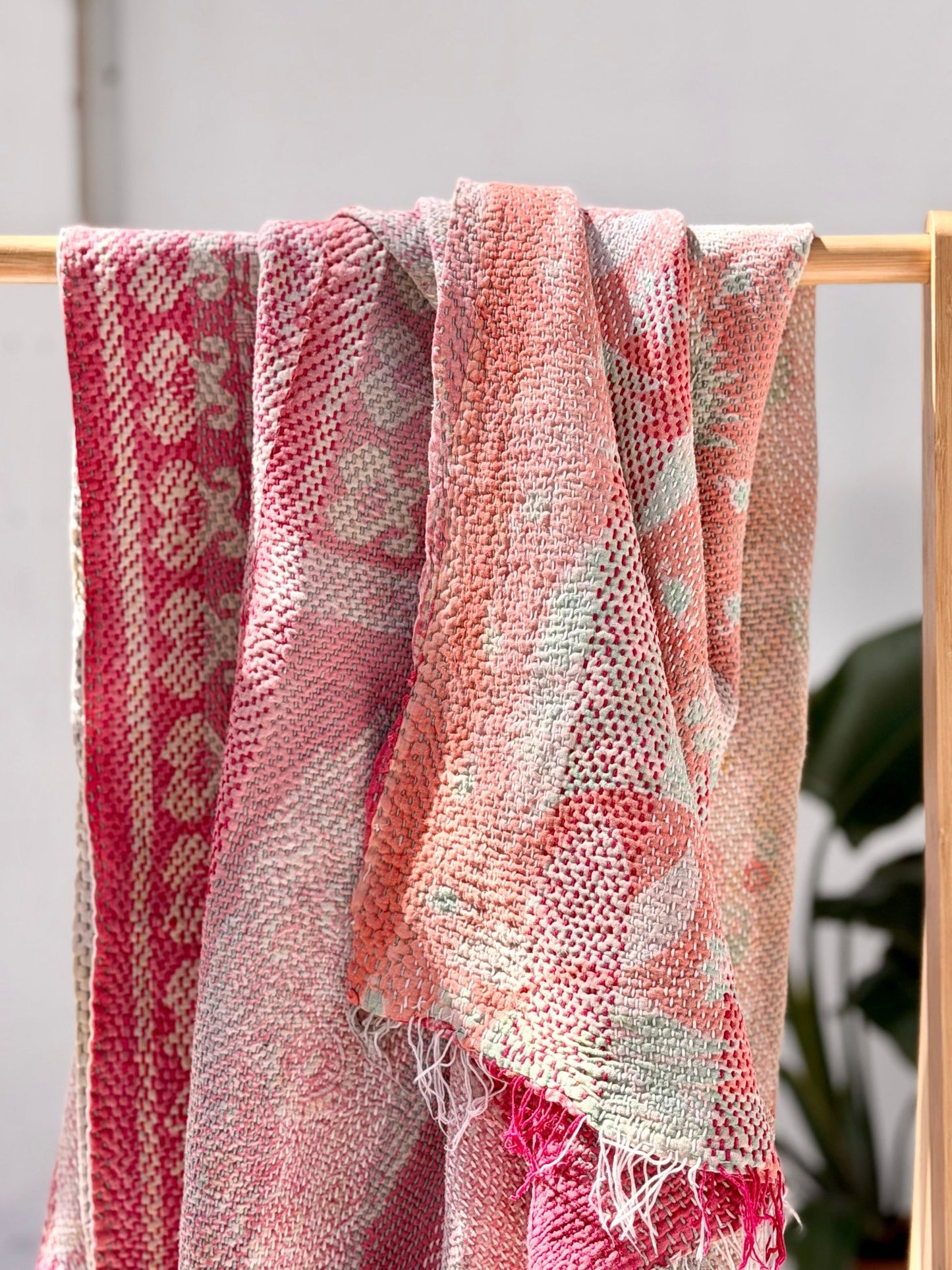 Heavy Kantha Blanket Quilt With Pink Stripes - Biggs & Hill