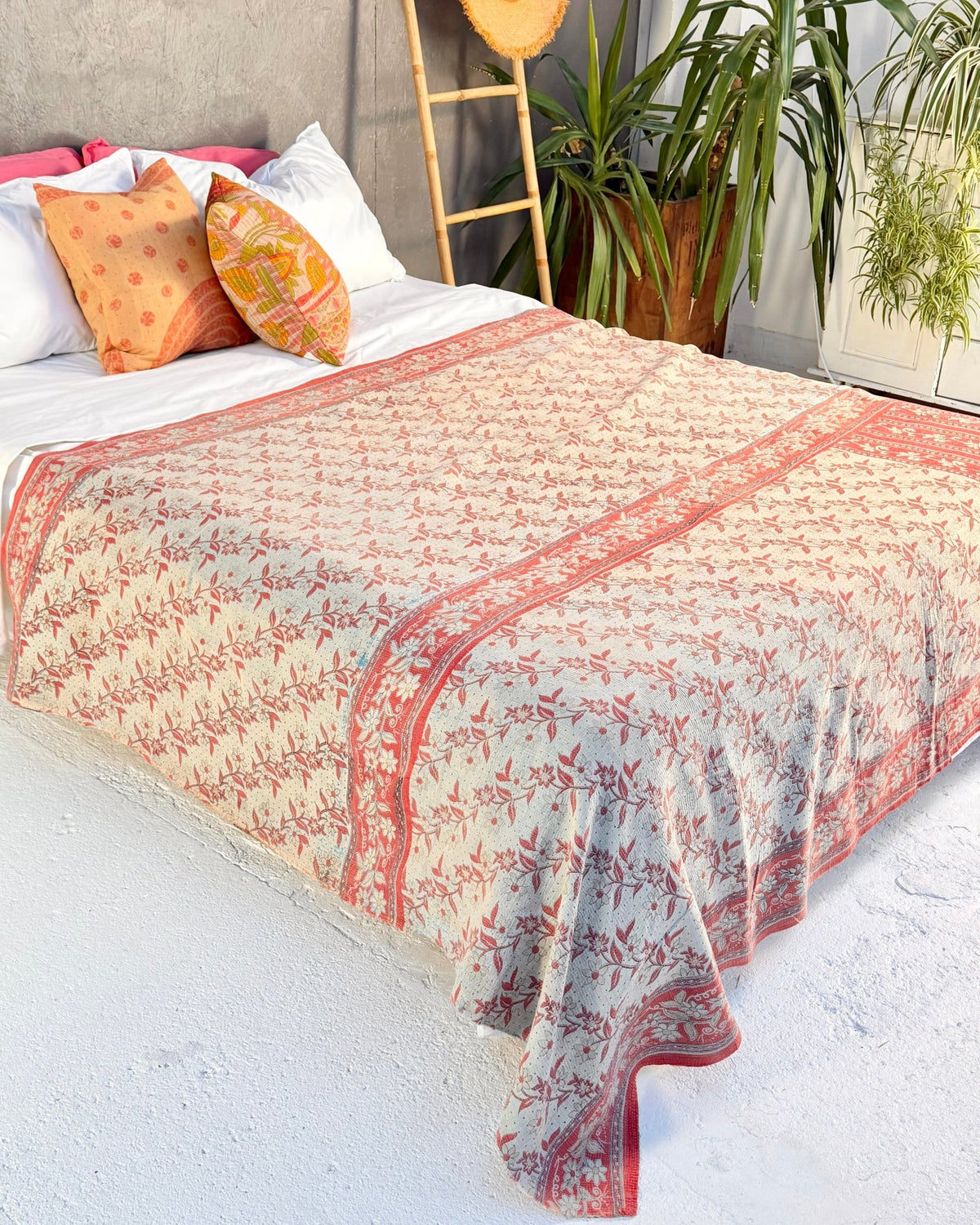 Extra Large Fine Stitched Vintage Kantha Quilt in Peachy Orange and Red - Biggs & Hill