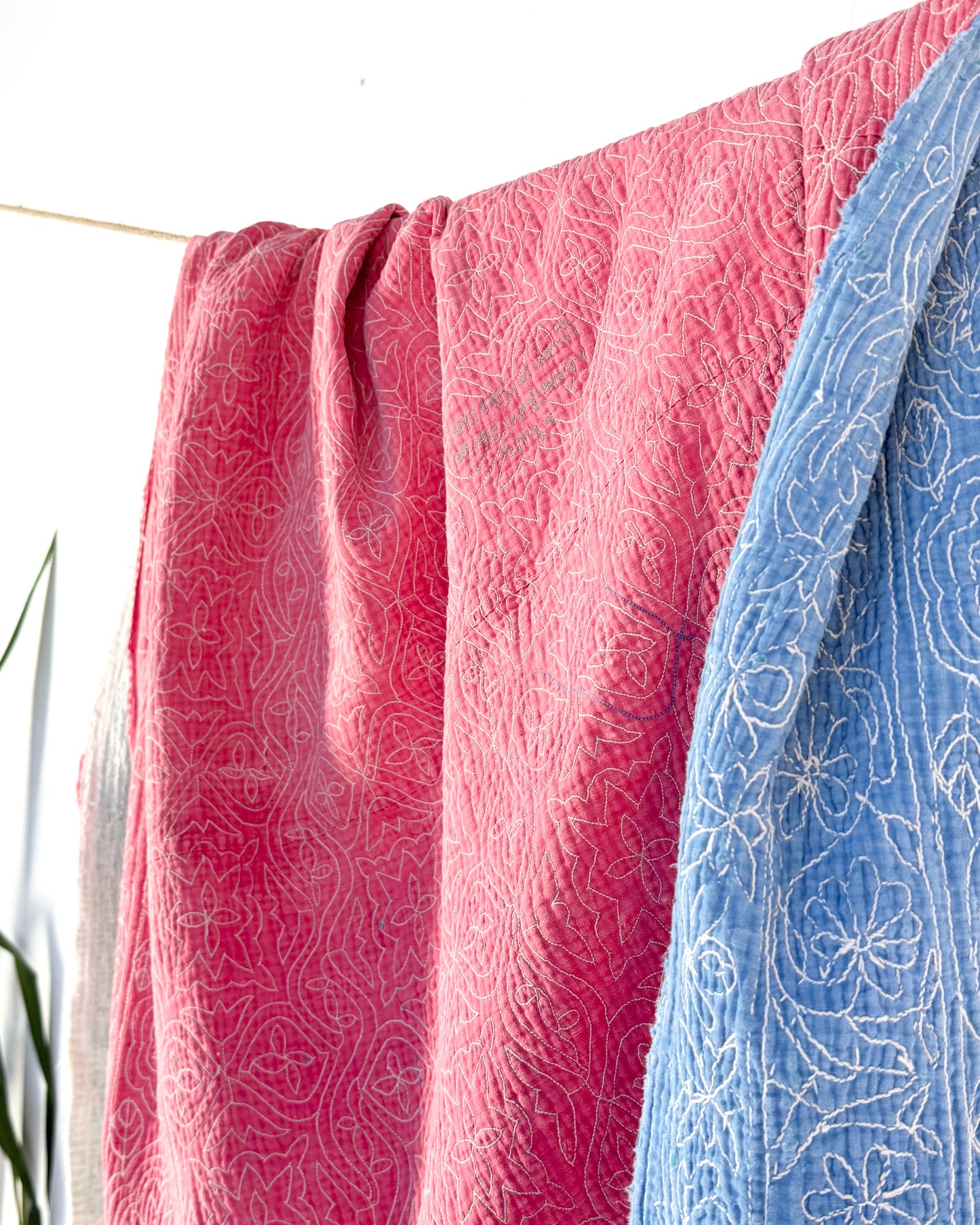 Embroidered Sujini Vintage Kantha Quilt In Faded Pink With Bengali Writing