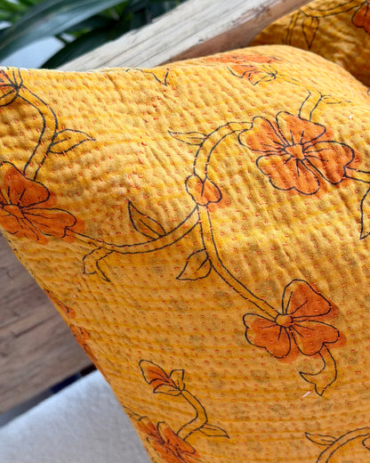 Vintage Kantha Cushion In Yellow Floral - 45cm Square