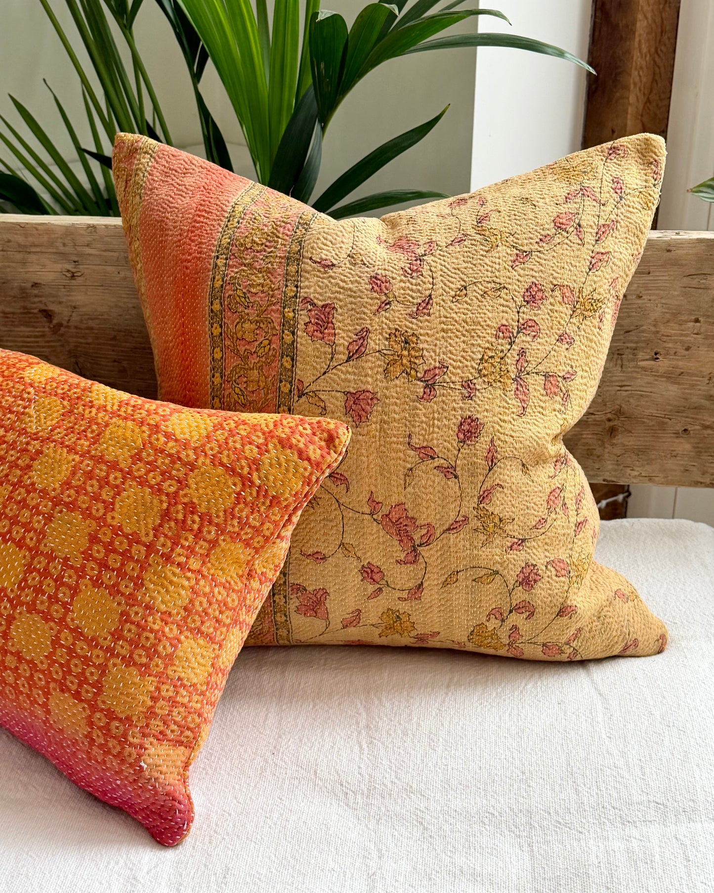 Vintage Kantha Cushion With Yellow Flowers - 45cm Square