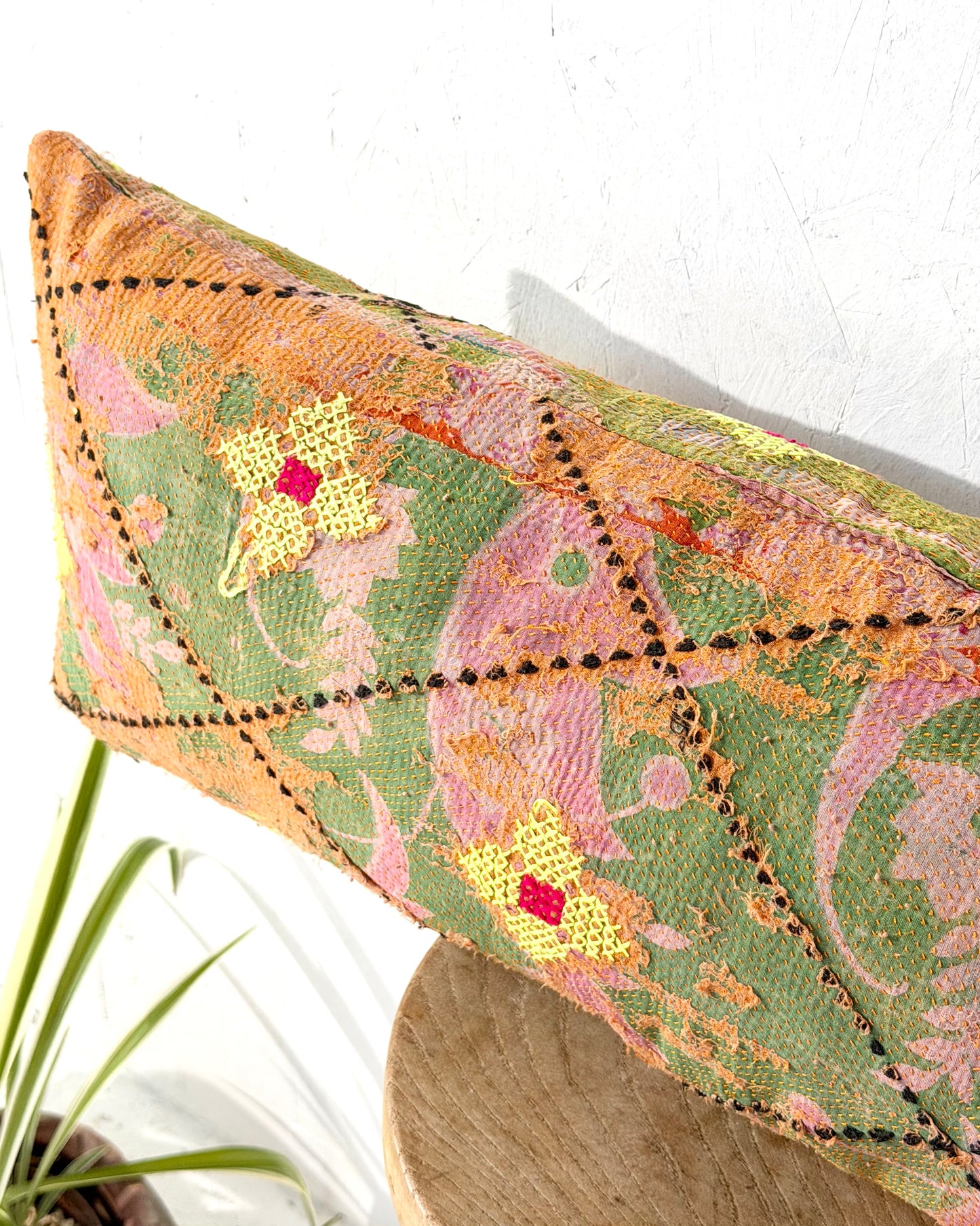 Vintage Kantha Bolster Cushion Cover In Textured Green and Orange 80cm