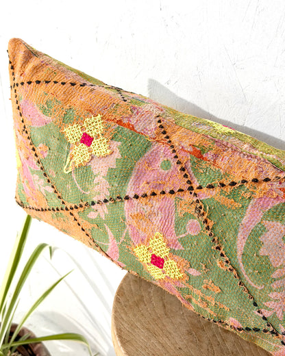 Vintage Kantha Bolster Cushion Cover In Textured Green and Orange 80cm