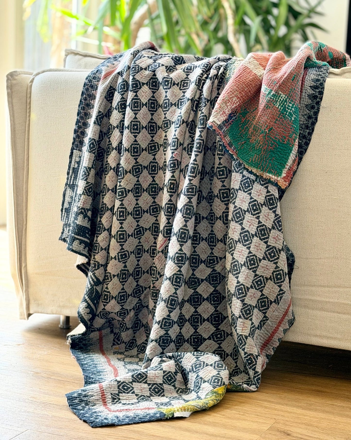 Extra Large Textured Vintage Kantha Quilt In Blue, Red and Green - Biggs & Hill