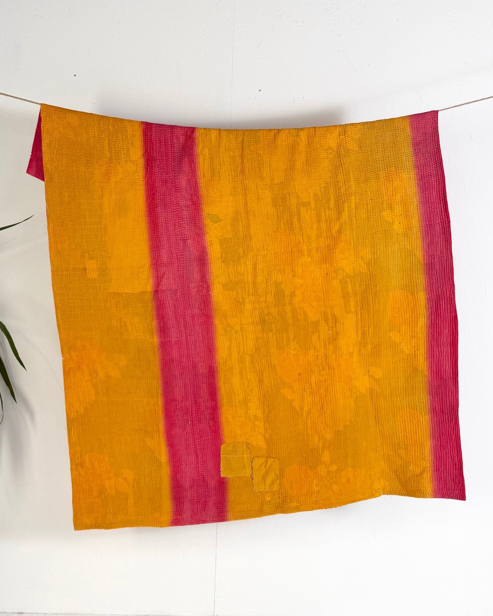 Fine Stitched Vintage Kantha Quilt in Vibrant Pink and Yellow with Dot Pattern - Biggs & Hill