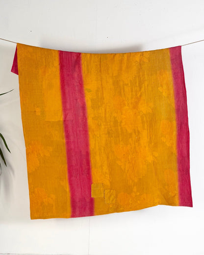 Fine Stitched Vintage Kantha Quilt in Vibrant Pink and Yellow with Dot Pattern - Biggs & Hill