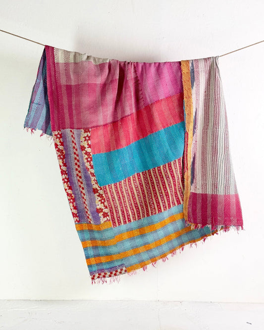 Heavy Kantha Blanket Quilt In Orange, Pink and Blue Colour Blocks - Biggs & Hill