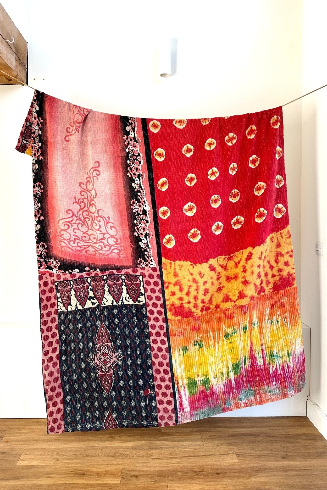 Fine Stitched Embroidered Vintage Kantha Quilt in Multicolour Print - Biggs & Hill